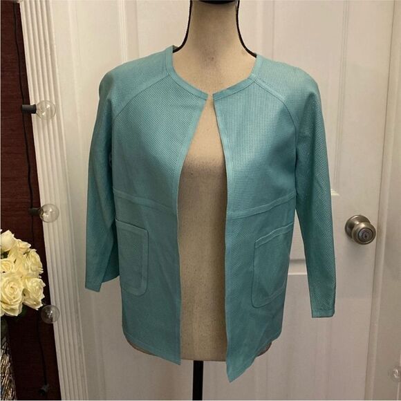 J’Envie Women's Blue genuine leather perforated Open-Front Jacket, S - Picture 1 of 7